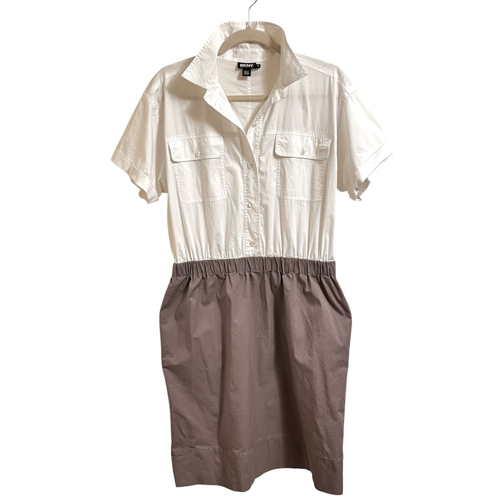 DKNY Two-Tone Shirt Dress White Brown Elastic Waist Chest Pockets Buttons 12